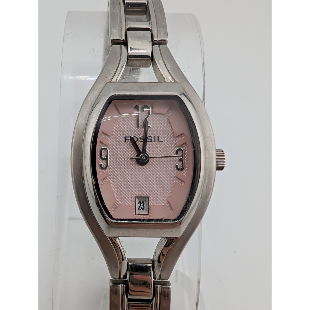 Fossil Women's Watch 23mm Case Pink Dial Silver 6.25" Band ES-2076 New Battery